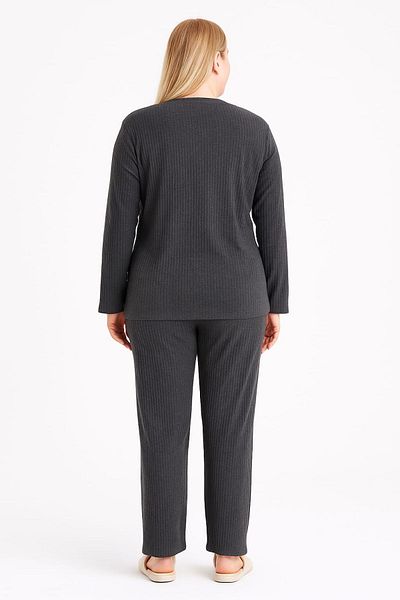 enmodaiçgiyim Anthracite 100% Cotton Plus Size Embroidered Long Sleeve Women's Pajama Set – Home Wear with Soft Texture