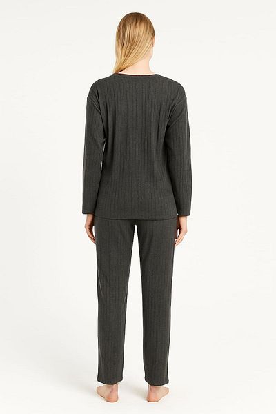 enmodaiçgiyim Anthracite 100% Cotton Embroidered Long Sleeve Women's Pajama Set – Comfortable and Stylish Home Wear with Soft Texture
