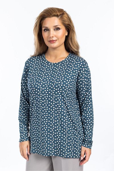 Mutlu City Women's High Quality Round Neck Floral Patterned Middle Age Mother Combed Cotton Blouse 6541