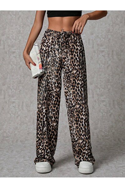 ZEYNEP RANA Kadın Leopar Desenli Bağlamalı Uzun Pantolon