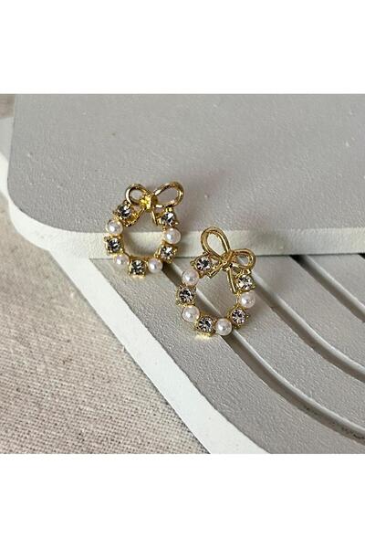 juleeco Mini Elegant Bow Zircon Stone Pearl Gold Earrings (1.5X1.5 cm)