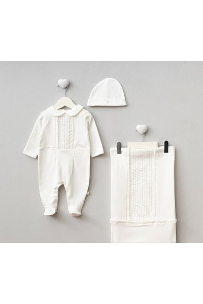 PUGİ 100% Organic Cotton Baby Boy Pleat Detailed Newborn 3-Piece Set 0-3 Months Hospital Release