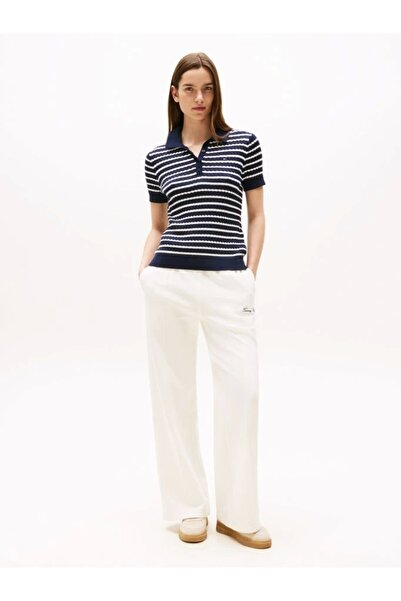 Tommy Hilfiger Women's Cotton Thin Knit Short Sleeve Blue Polo Collar Sweater Ww0Ww414740Bb