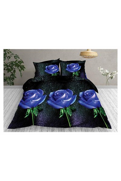 FIONNA.RO 3D Satin Cotton Bed Linen - Black With Blue Roses