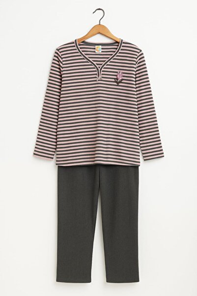 enmodaiçgiyim Смугастий 100% бавовняний комплект піжами для жінок великих розмірів з вишивкою та довгими рукавами – м'яка тканина для домашнього одягу