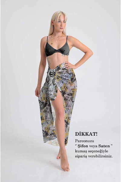 DESENİX Modern Geometric Triangle Pattern Pareo Grey and Mustard Shades |   100X145Cm |   Digital Printing Silky Chiffon