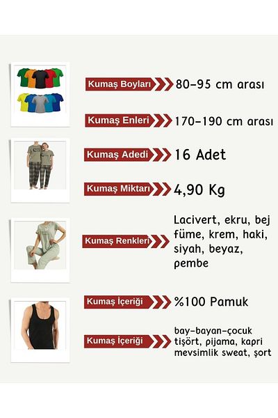 Yiğit Kumaş Single Jersey Fabric Combed Cotton Set, 16 Pieces with Heights between 80-95 cm