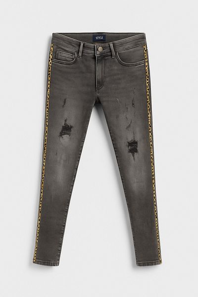 Magu Pantaloni skinny gri rupti pentru fete - Detaliu dungi leopard