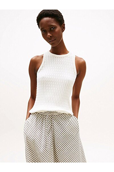 Tommy Hilfiger Women's Cotton Thin Knit Sleeveless Slim Fit White Sweater Ww0Ww45706Ya8