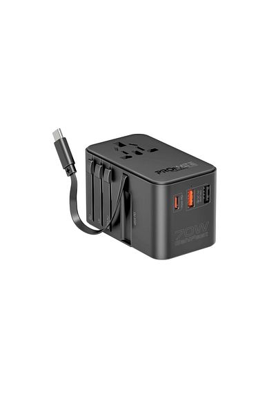 Promate Universal Travel Adapter with GaN Charger 70W USB-C Power Delivery