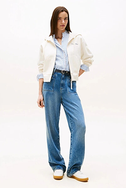 Tommy Hilfiger Kadın Yazı Baskılı Pike Fermuarlı Kapüşonlu Beyaz Sweatshirt WW0WW45742YA8