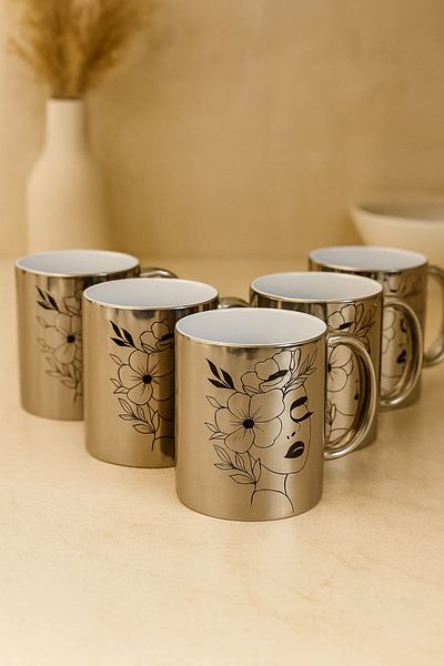 çokaş Pack of 5 Women's Printed Large Size Silver Mug