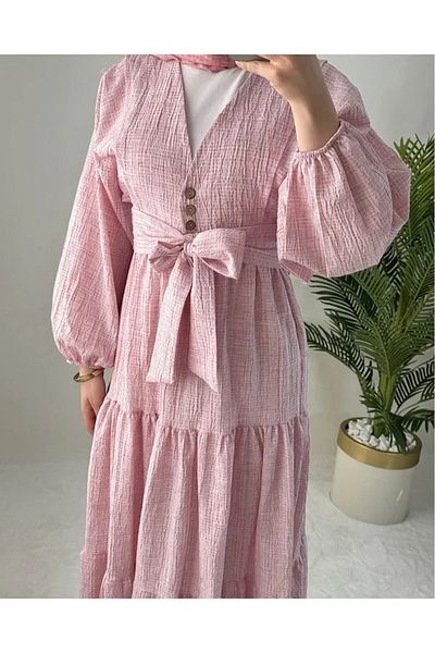 sportiness Button Detailed Balloon Sleeve Seersucker Linen Blouse Skirt Suit