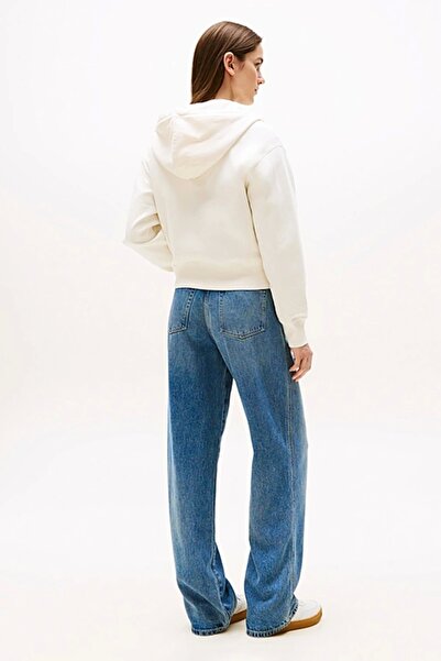 Tommy Hilfiger Kadın Yazı Baskılı Pike Fermuarlı Kapüşonlu Beyaz Sweatshirt WW0WW45742YA8