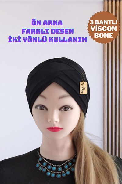 Tergek Three-Stripe Viscon Swimming Cap Black, Two-Way Model, Sports Swimmer Hijab Pool Sea Cap Water-Repellent