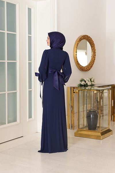 Modarafta Stylish Chiffon Belted (Removable) Hijab Evening Dress Turquoise