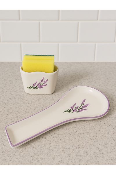 Piatti Naturali Kitchen Set of 2 - Lavender Pattern - Dirty Spoon Holder, Sponge Holder, Spoon Rest, Handmade Gift