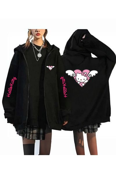 Touz Moda Kitty Printed Oversize Zippered Black Unisex Hooded Cardigan