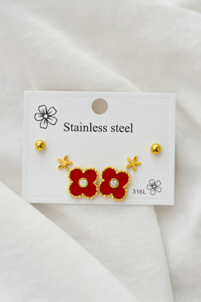 hexelle jewellery 3'lü Kırmızı Yonca Model Küpe Gold Çelik Kadın Küpe Seti – 316L Çelik Küpe