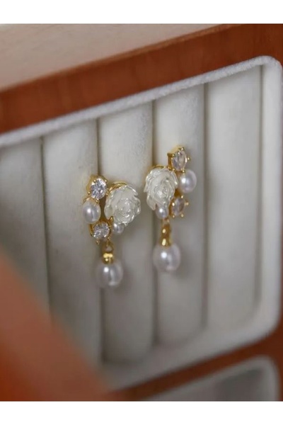 Alyas Aksesuar KC Altın Kaplama Çiçekli İnci Küpe