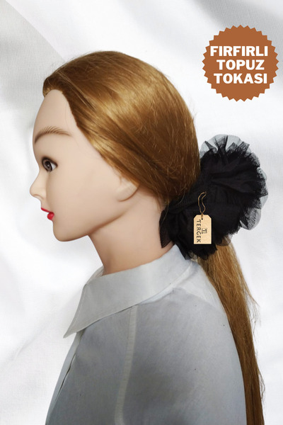Tergek Fırfırlı Topuz Lastikli Tül Saç Tokası Siyah, Spor Günlük, Tesettür Eş...