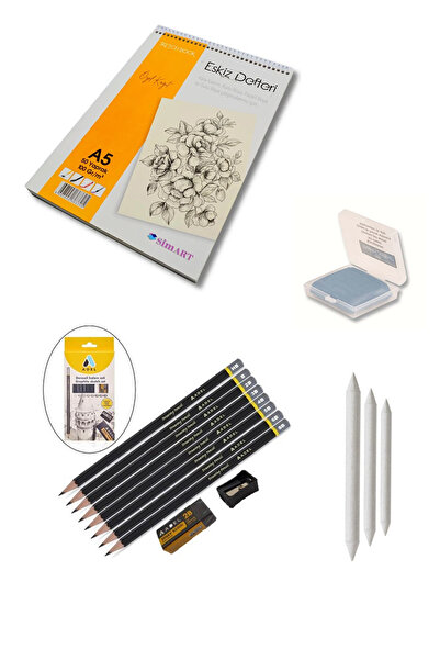everart Eskiz Defteri (SKETCH BOOK) A4 50 Yp Spralli Karakalem Çizim Seti Hamur Silgi Dağıtma Kalemi