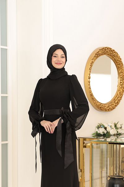 Modarafta Stylish Chiffon Belted (Removable) Hijab Evening Dress Turquoise