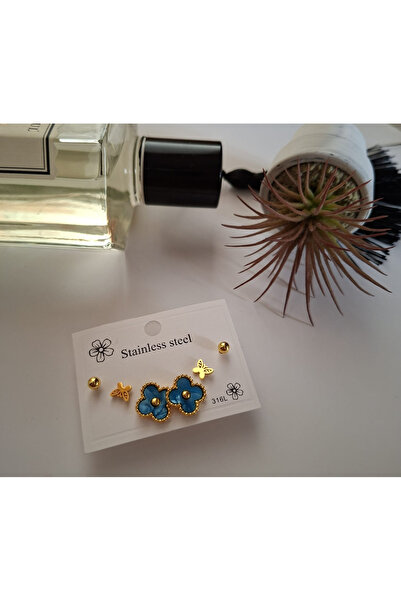 hexelle jewellery 3’lü Yonca Model Küpe Mavi Çiçek Figürlü Gold Çelik Kadın Küpe Seti – 316L Çelik Küpe