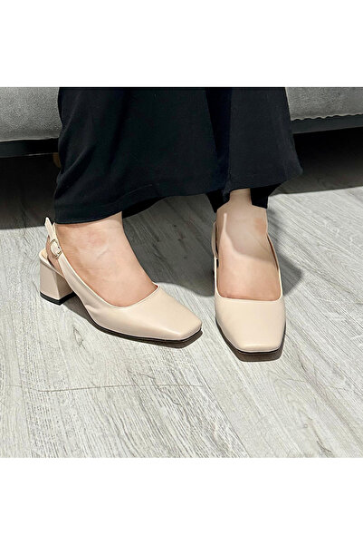 jokanda 5 Cm Kare Burun Şık Zarif Günlük Bej Topuklu Kadın Ayakkabı(slingback)