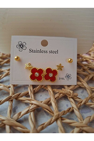 hexelle jewellery 3'lü Kırmızı Yonca Model Küpe Gold Çelik Kadın Küpe Seti – 316L Çelik Küpe