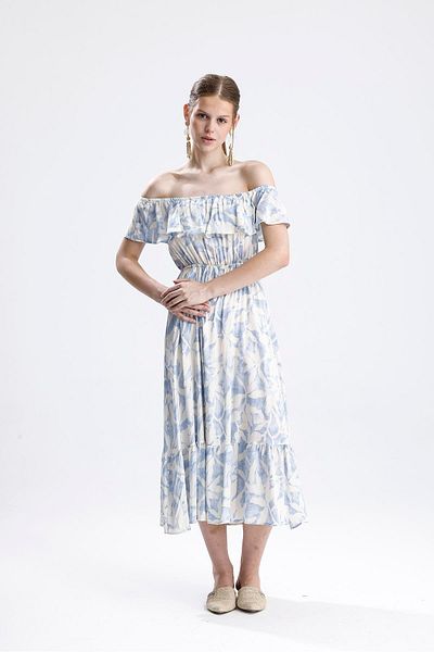 VAPUR TEKSTİL Rochie din viscoză cu volane cu talie elastică cu model floral