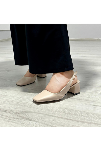 jokanda 5 Cm Kare Burun Şık Zarif Günlük Bej Topuklu Kadın Ayakkabı(slingback)
