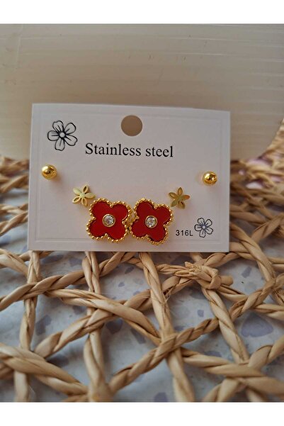 hexelle jewellery 3'lü Kırmızı Yonca Model Küpe Gold Çelik Kadın Küpe Seti – 316L Çelik Küpe