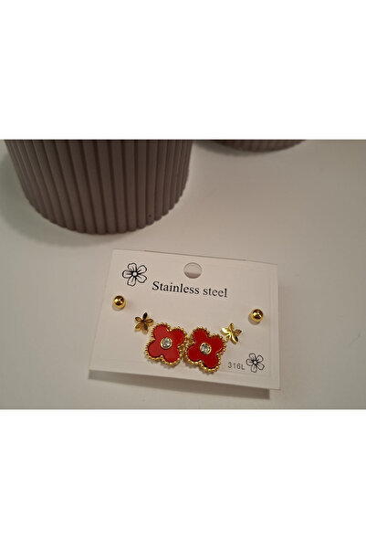 hexelle jewellery 3'lü Kırmızı Yonca Model Küpe Gold Çelik Kadın Küpe Seti – 316L Çelik Küpe