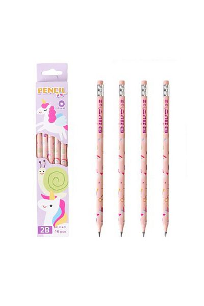 OEM Set of 10 Black Pencils, 2B, for School Students, with Eraser, Pink Unicorn Pattern