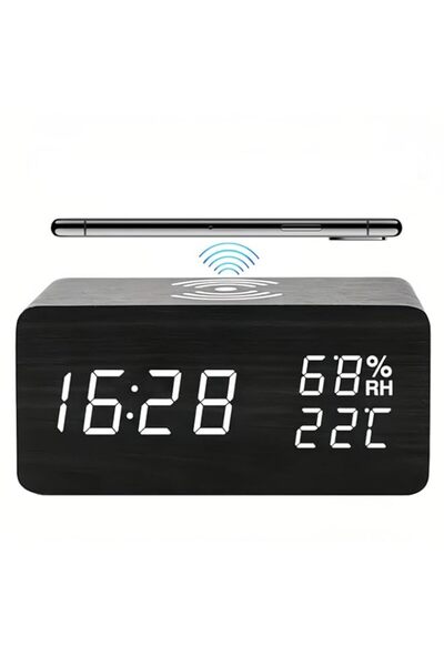 Generic Lancoon Wooden Digital Alarm Clock with LED Wireless Charging Temperature and Humidity Display Adju