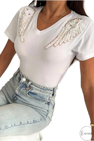 Cassime Women's White V-Neck Shoulder Angel Wing Feather Sequin Sequin Embroidered 100% Cotton T-Shirt