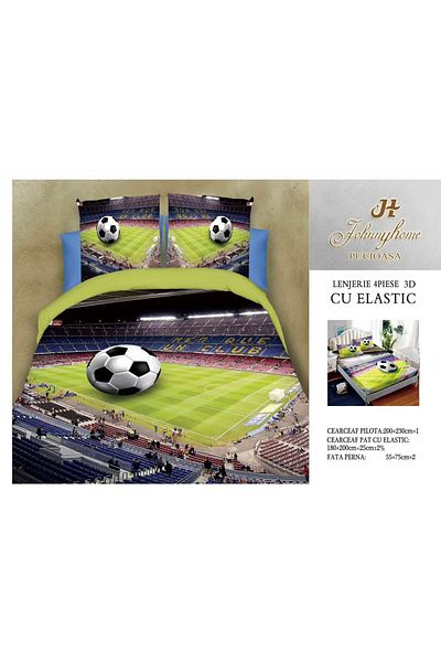 FIONNA.RO Lenjerie De Pat Bumbac Satinat 3D Cu Elastic - Minge Pe Teren De Fotbal