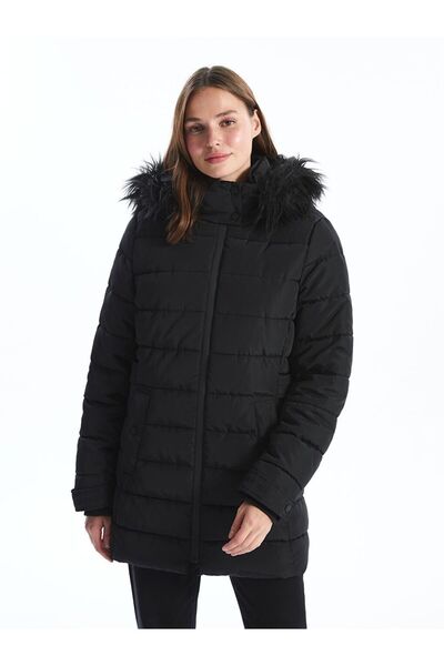 LC Waikiki Black Women's Hooded Plain Puffer Coat