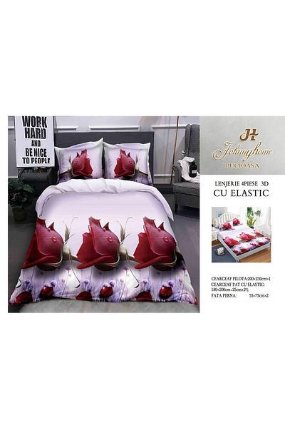 FIONNA.RO 3D Satin Cotton Bed Linen With Elastic - Rose Red