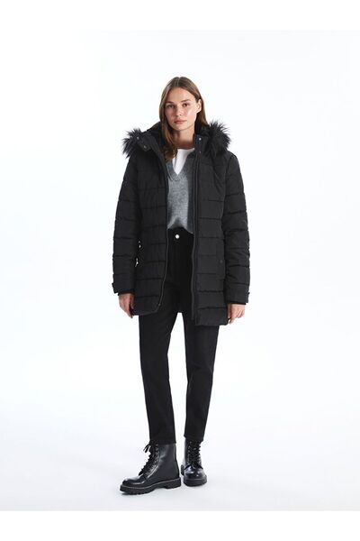LC Waikiki Black Women's Hooded Plain Puffer Coat