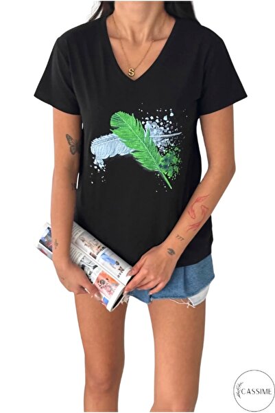 Cassime Women's Black V-Neck Feather Pattern Sequin Embroidered 100% Cotton T-Shirt
