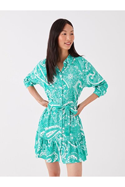 LC Waikiki Gemustertes langärmliges Damen-Hemdkleid