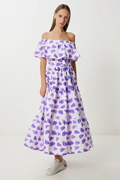 Lovelyİstanbul Rochie țesută cu guler Carmen cu model LFG0100 ALB VIOLET