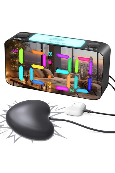 Generic ساعة منبه اهتزازية من Azonee مع هزاز سرير، شاشة RGB 15 لونًا، مرآة كب...