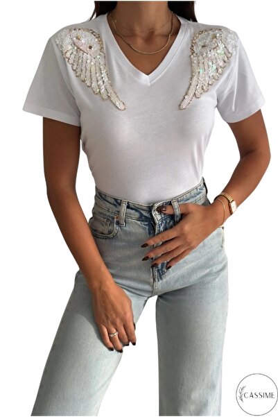 Cassime Women's White V-Neck Shoulder Angel Wing Feather Sequin Sequin Embroidered 100% Cotton T-Shirt
