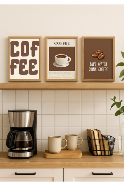 Funzee 3’lü Modern Minimalist Duvar Dekoru - Save Water Drink Coffee Yazılı P...