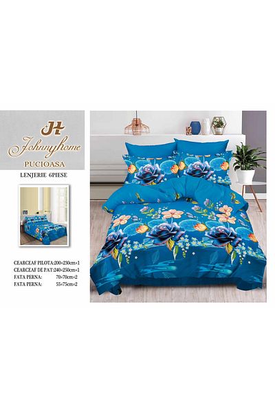 FIONNA.RO 3D Satin Cotton Bed Linen 6 Pieces - Navy Blue Floral