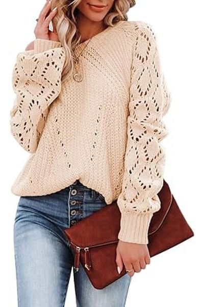 Dokotoo Loose knit blouse with long sleeves, women's sweater, Cream 2XL