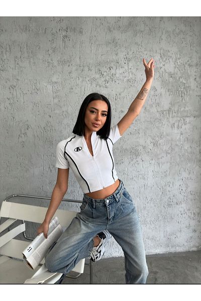 QUMRULİFE Yüssbutik a Embroidery White Crop with Arabians with Zipper